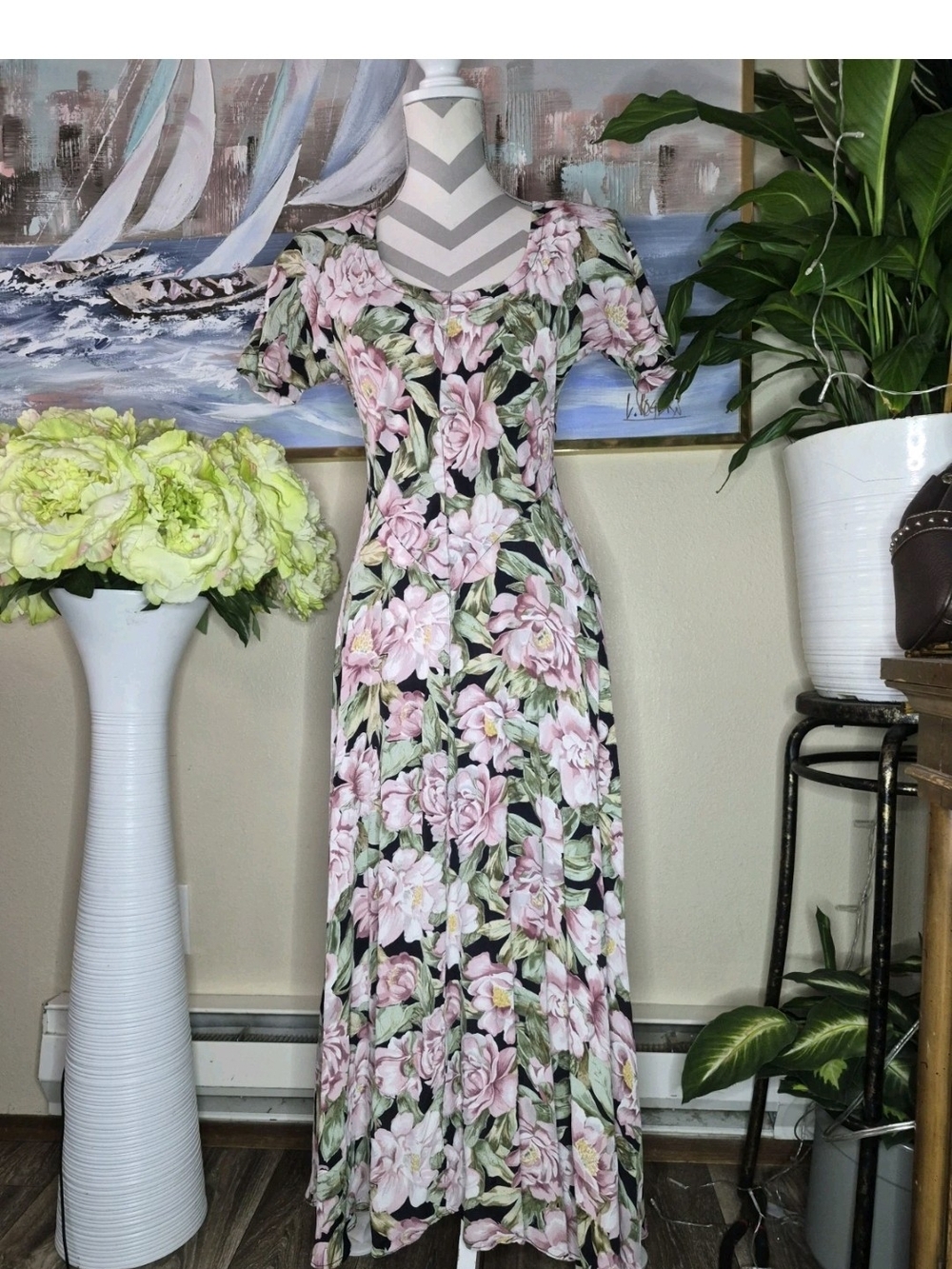 Vintage Nostalgia Women's Black Dress Floral Print Midi Dress